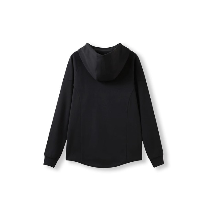 A black women's junior hoodie made of soft cotton and bonded polar fleece, featuring a hood and long sleeves.