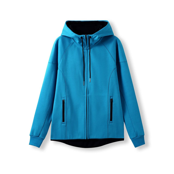 A vibrant blue women's junior hoodie made of soft cotton and bonded polar fleece, featuring a black hood and zippered pockets.