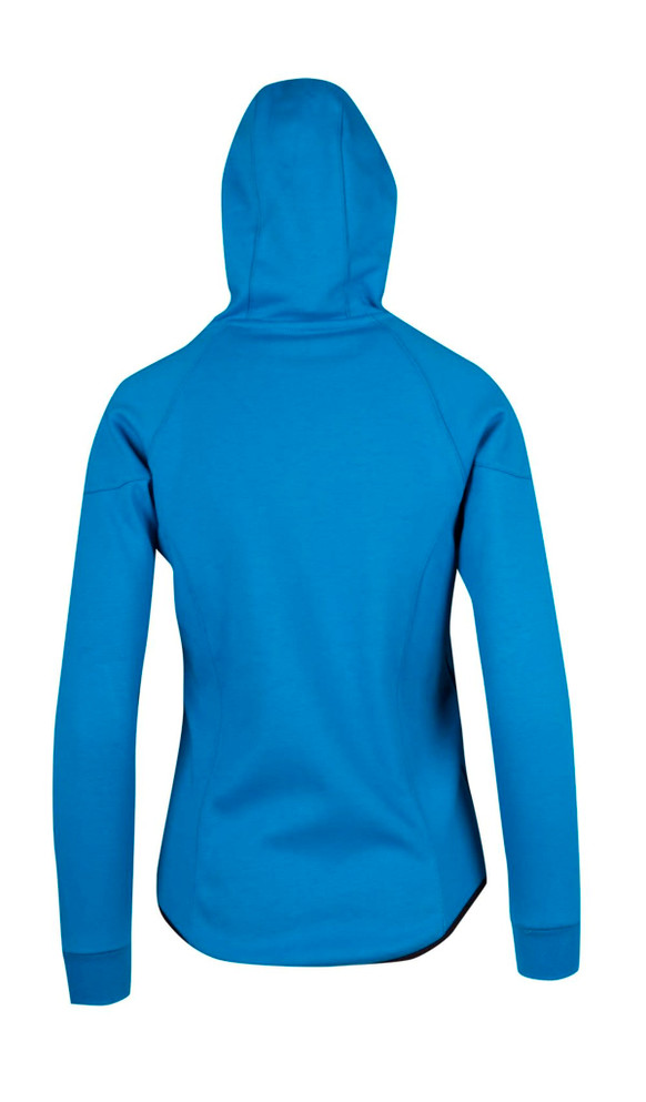 A blue hoodie featuring a hood and fitted design, made from soft cotton and bonded polar fleece.