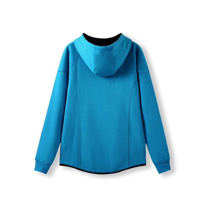 A blue hoodie featuring a hood and fitted design, made from soft cotton and bonded polar fleece.
