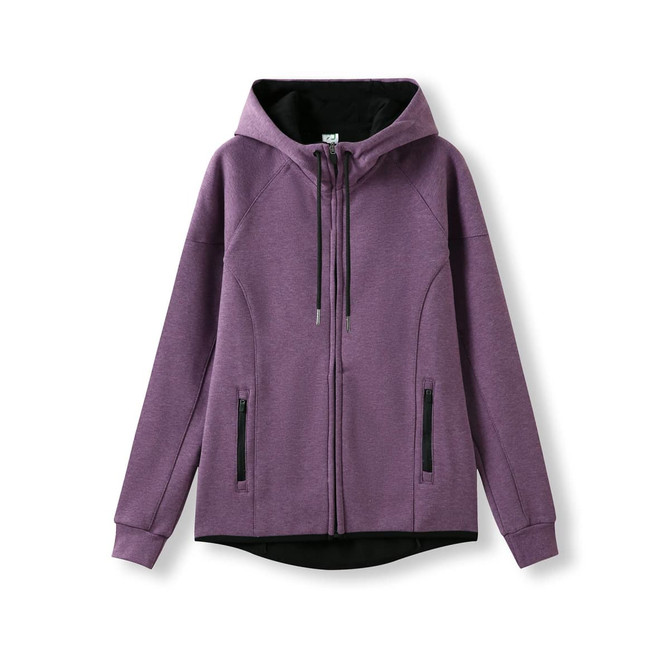 A purple women's/junior hoodie made from soft cotton and bonded polar fleece, featuring a zipper and pockets.