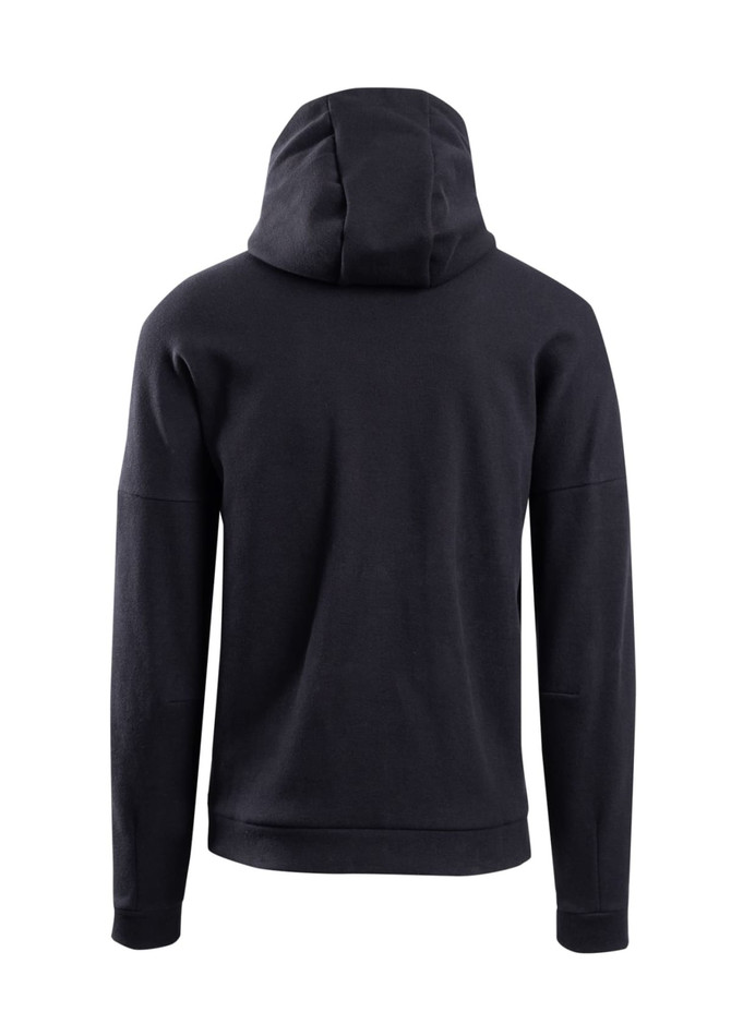 A black men's hoodie with a spacious hood and long sleeves, featuring a solid design and a logo.
