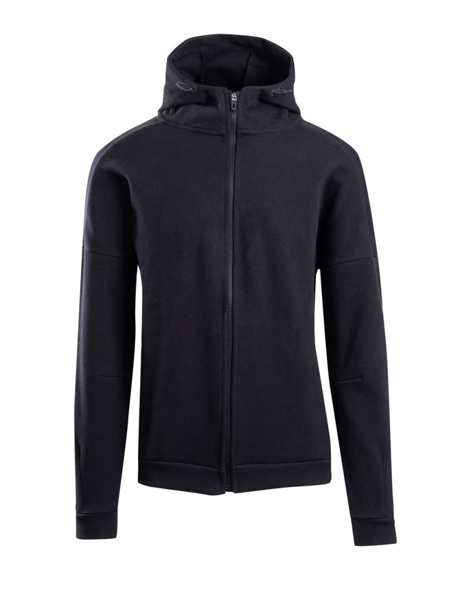 A black men's hoodie featuring a zip closure and a hood. It has a simple design and includes a logo.