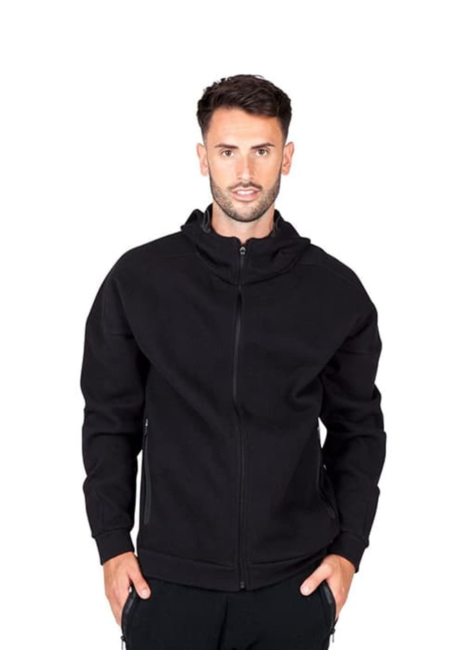 A men's black hoodie with a zip and a hood, featuring a logo, displayed on a model.