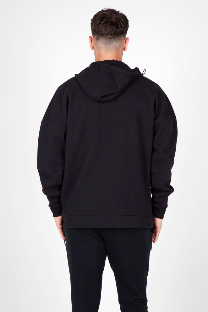 A black men's hoodie with a spacious fit, featuring a hood and a branding logo.