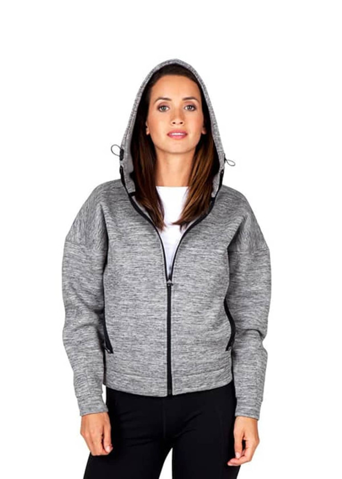 A grey hoodie with a zip front and hood, featuring side pockets and a relaxed fit.