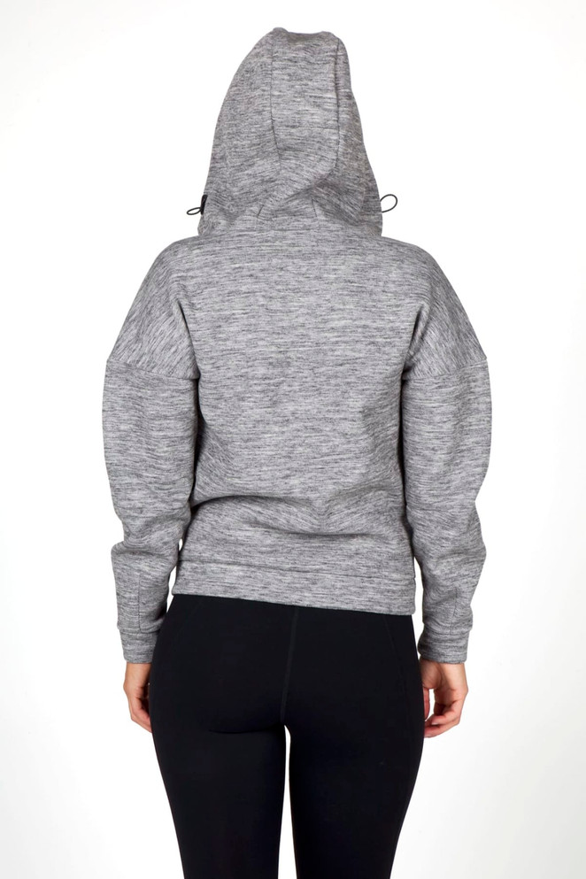 A grey women's juniors' hoodie featuring a drawstring hood and a fitted design, viewed from the back.