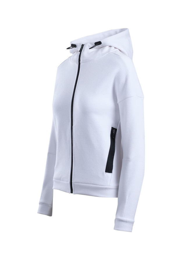 A white women's/juniors' hoodie with a zip front, a hood, and side pockets, featuring a subtle logo.