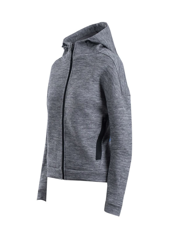A grey women's/juniors' hoodie with a zip closure, featuring a hood and side pockets, and a logo.