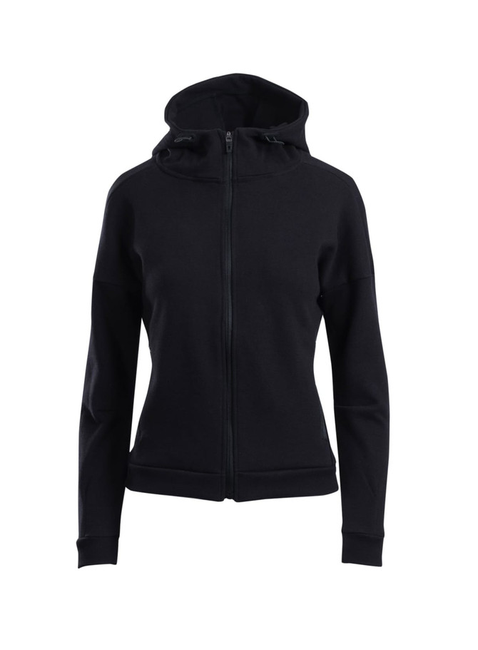 A black women's/juniors’ hoodie with a zip front and a hood, featuring a logo detail.