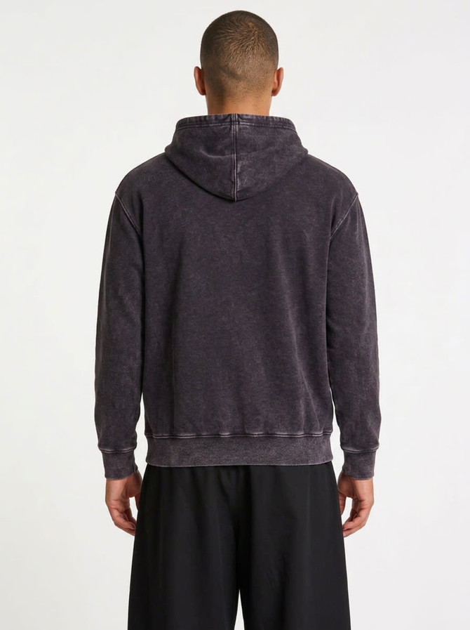 A men's stone wash fleece hoodie in a dark grey colour, featuring a hood and a relaxed fit.