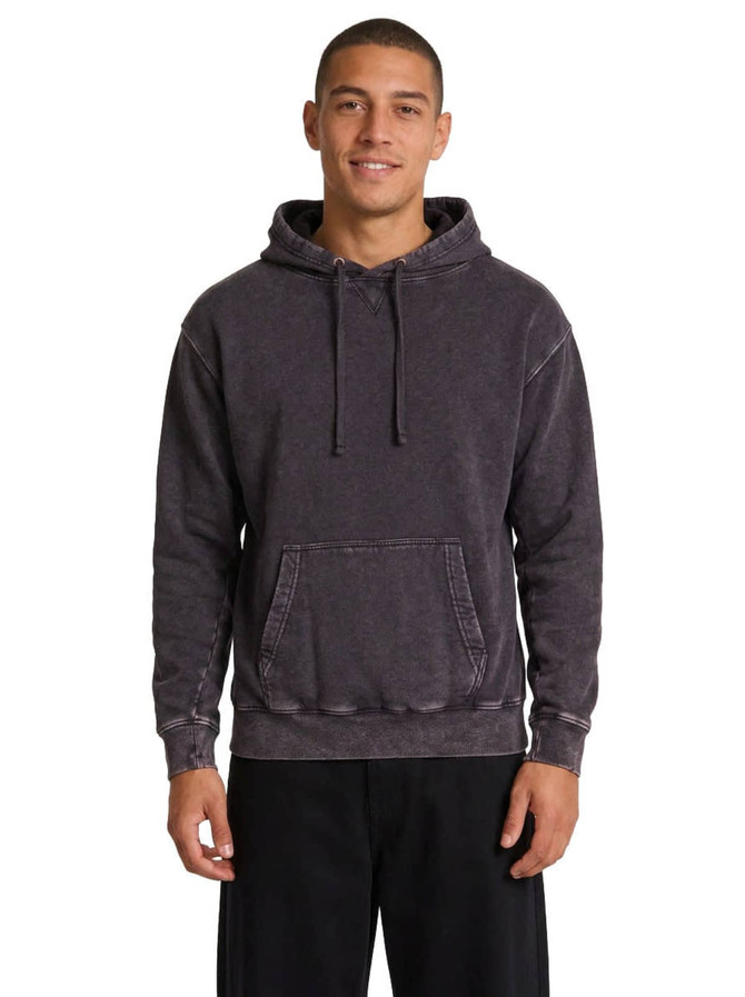 A men's stone wash fleece hoodie in a dark denim colour, featuring a front pocket and a drawstring hood.