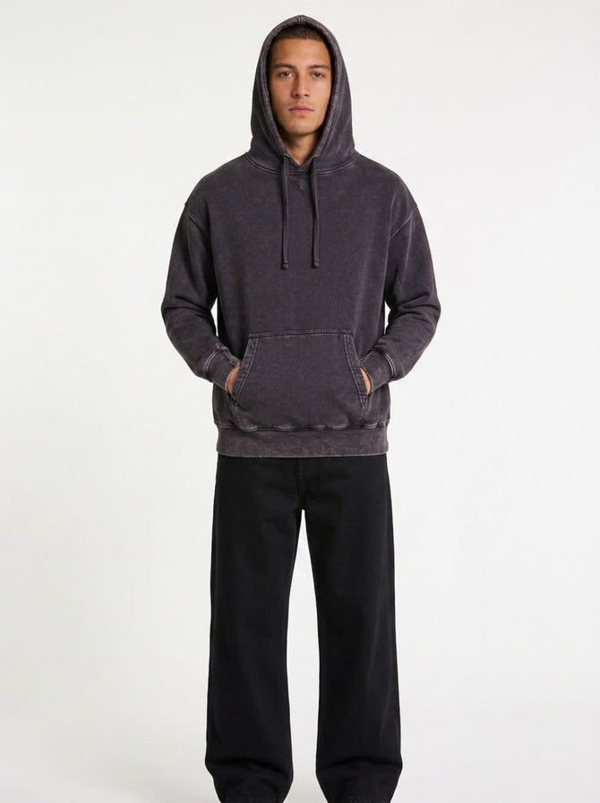 A men's stone wash fleece hoodie in a dark blue hue, featuring a hood and a relaxed fit, with a logo on the front.