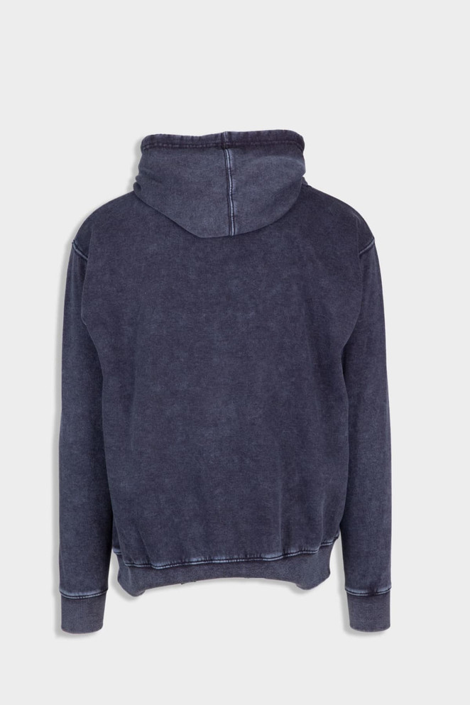 Men's stone wash fleece hoodie in dark grey, featuring a classic hood and stitched detailing. Includes a logo.