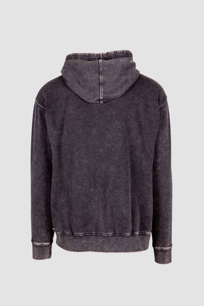 A grey men's stone wash fleece hoodie featuring a hood and a kangaroo pocket. The back view highlights its relaxed fit.