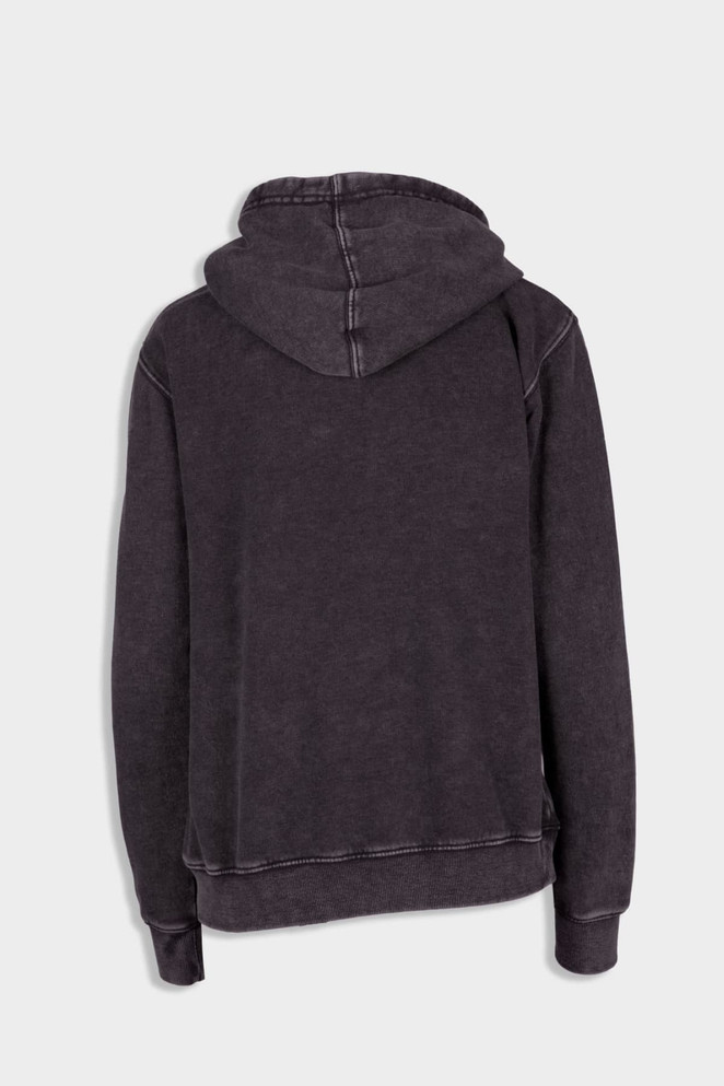 A dark stone wash fleece hoodie with a relaxed fit and a hood, featuring stitched detailing.