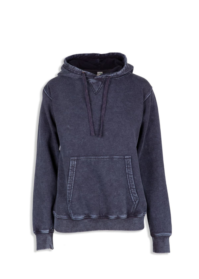 A women's/junior's stone wash fleece hoodie in a deep grey colour with a front pocket and a drawstring hood.