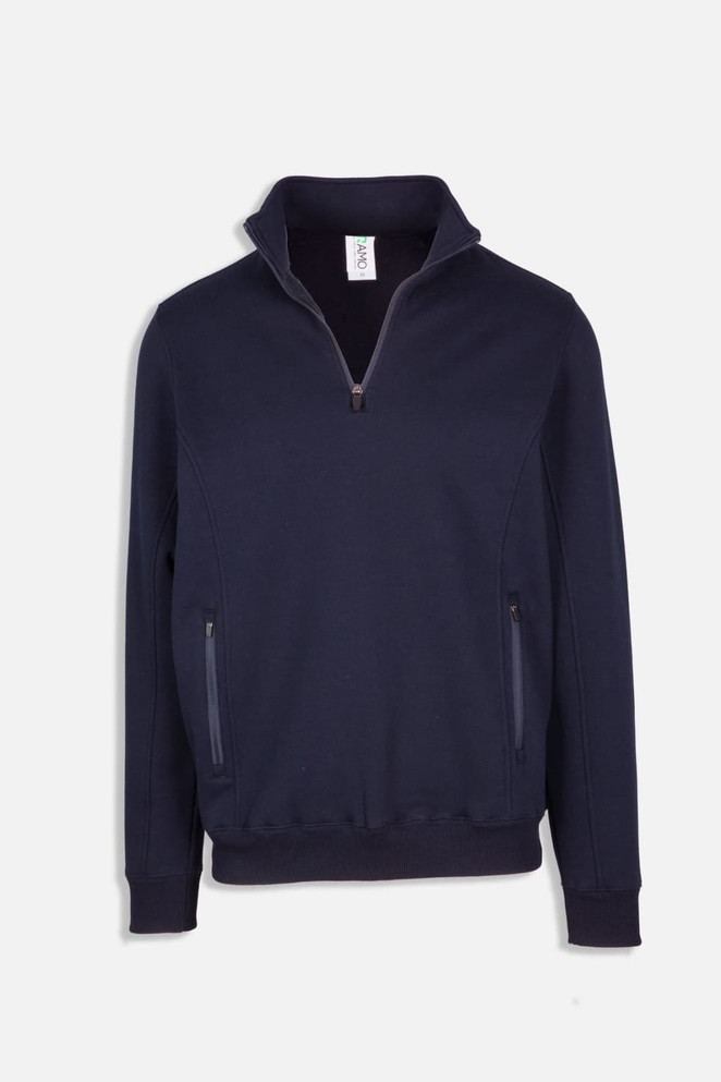 A navy half zip fleece jumper with zippered pockets and a collar. It has a logo on the label.
