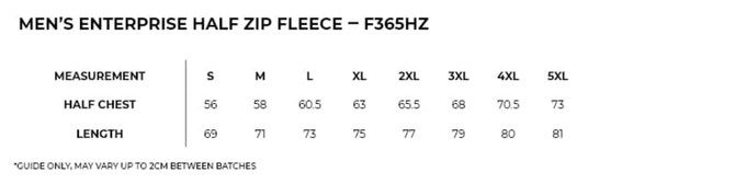 Men's Enterprise Half Zip Fleece in various sizes, featuring a half chest measurement guide and length specifications.