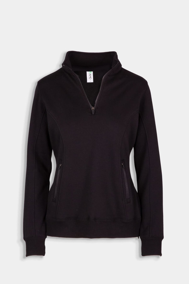 A women's half zip fleece jumper in black, featuring side zip pockets and a collar. It has a branding label.