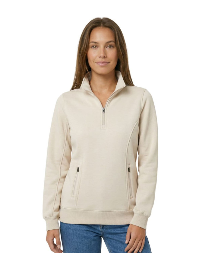 A women's grey half zip fleece jumper with side pockets, featuring a fitted design and a collar. It has a logo.
