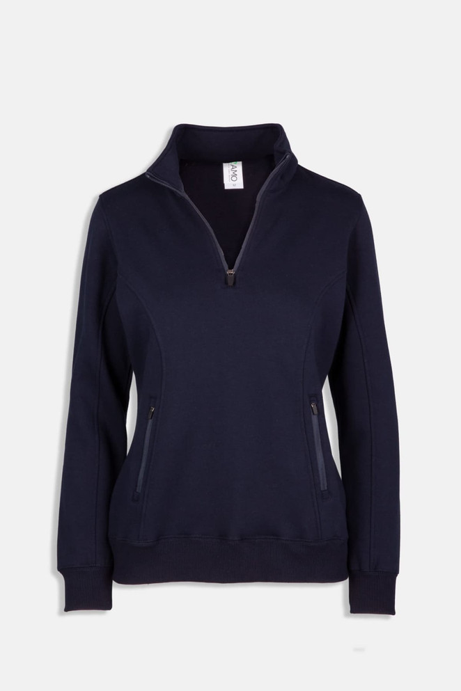 A navy women's half zip fleece jumper with side zip pockets, featuring a collar and branded label.