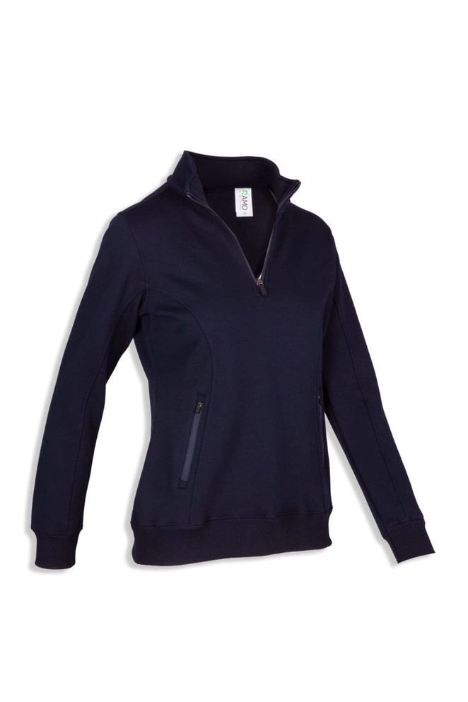 A navy half-zip fleece jumper for women, featuring a collar and side pockets, with a logo on the label.