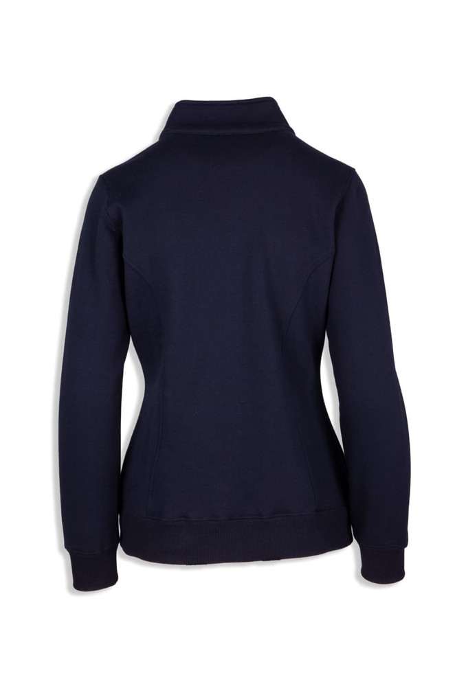 A navy women's half zip fleece jumper with fitted design and cuffed sleeves, featuring a logo on the back.
