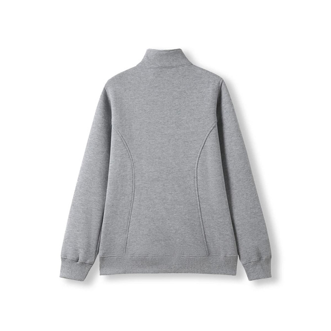 A grey women's half zip fleece jumper featuring a fitted design and a collar, with a logo on the sleeve.
