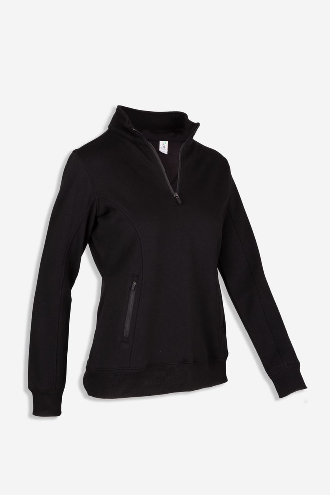 A women's half zip fleece jumper in black, designed with long sleeves and side pockets, featuring a logo.