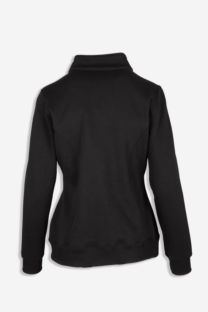 A black women's half zip fleece jumper, featuring a fitted design and a subtle logo on the back.