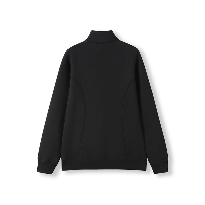 A black women's half zip fleece jumper, featuring a fitted design and a subtle logo on the back.