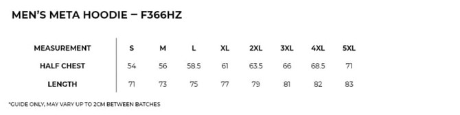 A size guide for the Men's Meta Hoodie, featuring measurements for chest and length in various sizes.