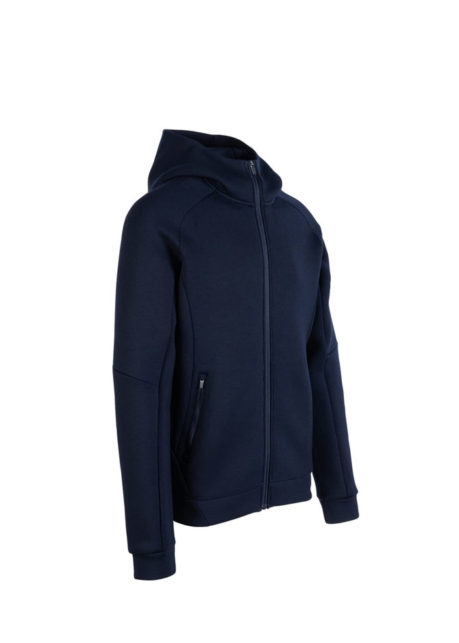 A navy blue men's hoodie with a zip front and a hood, featuring side pockets and a logo.