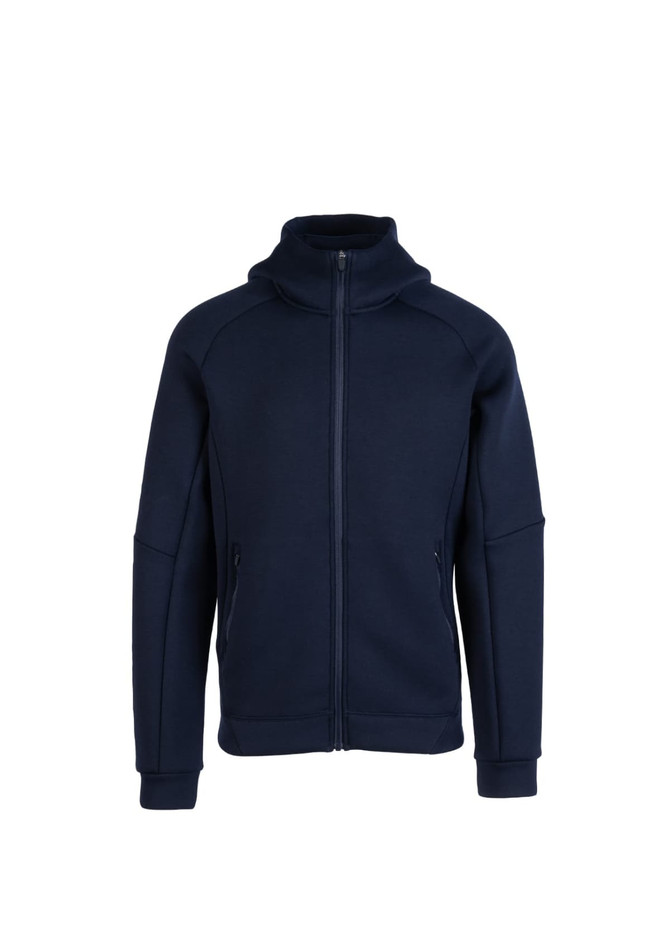 A navy blue hoodie with a zip front, high collar, and side pockets, featuring a logo.