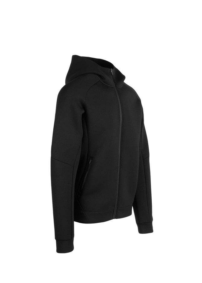 A black hoodie with a front zipper and a hood, featuring side pockets and a smooth fabric texture.