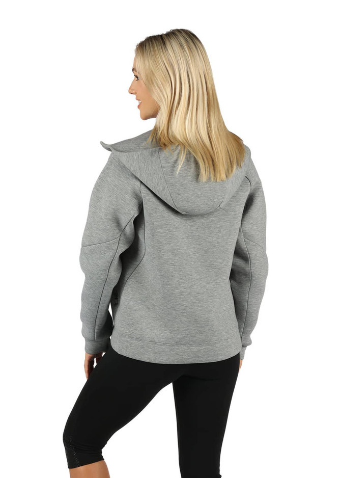 A grey women's junior hoodie with a hood, worn from the back, alongside black leggings. It features a branding logo.