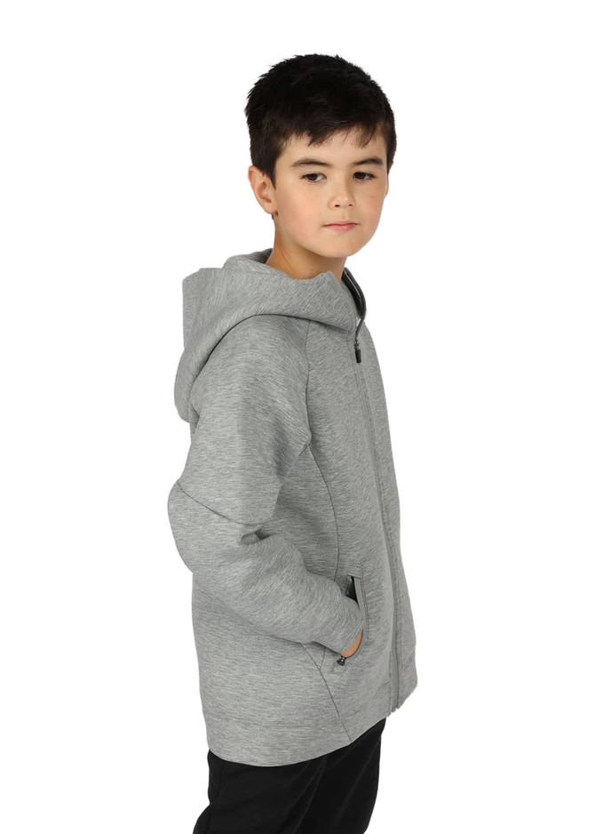 A grey hoodie with a front zipper and pockets, modelled by a young person. It features a hood and casual style.