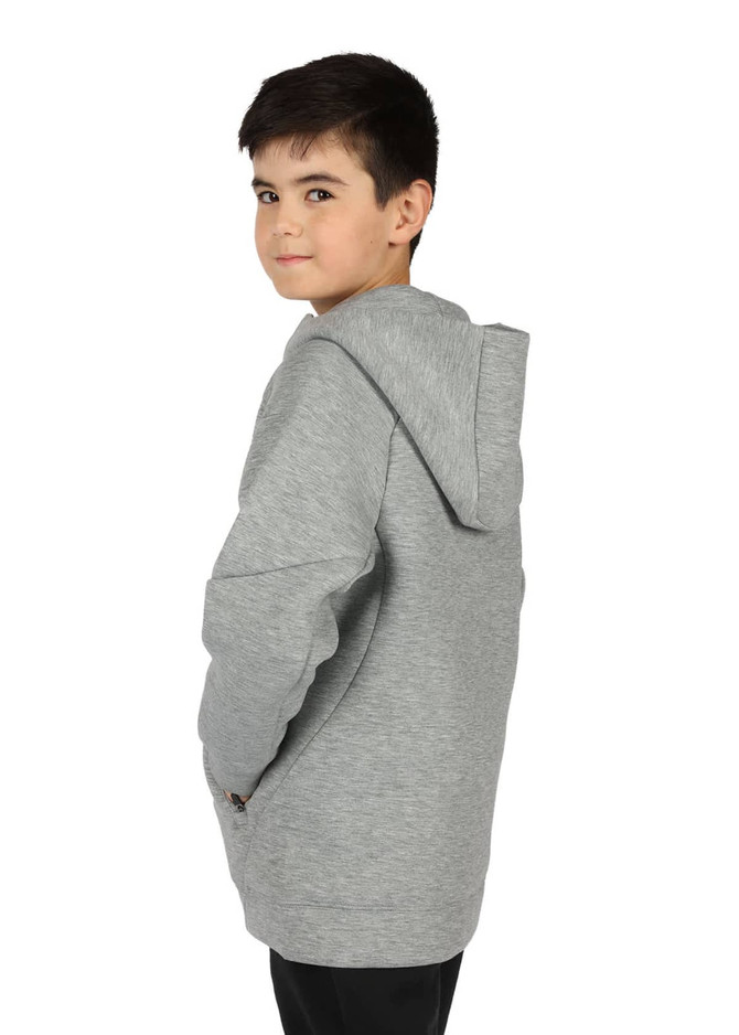 A grey hoodie with a hood, featuring a relaxed fit and a logo on the front. Suitable for juniors.