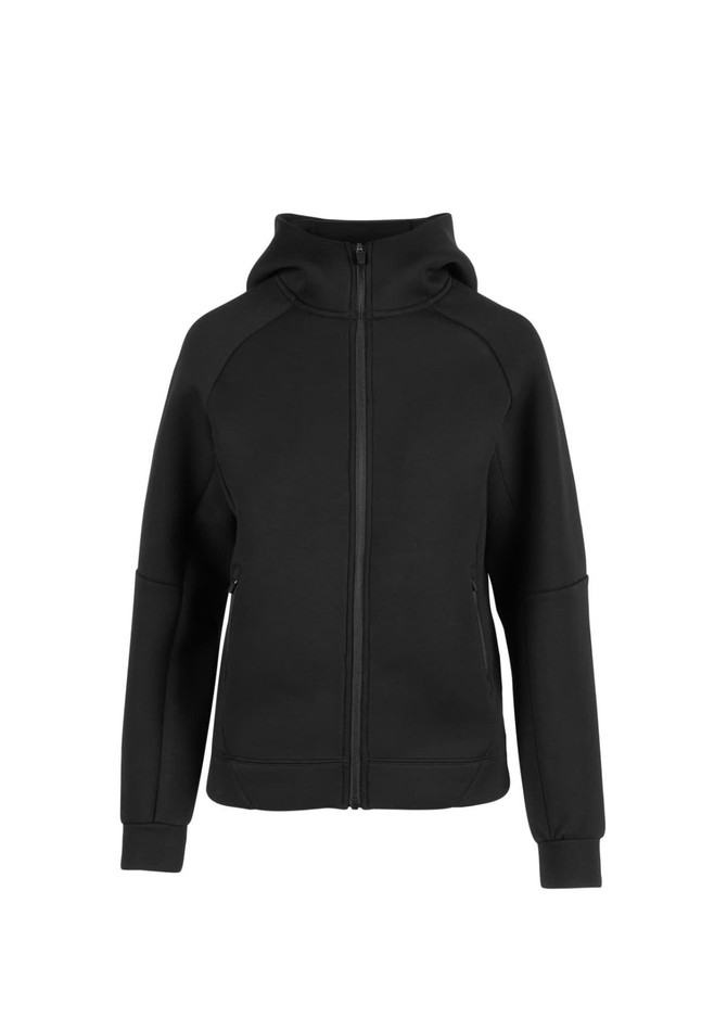 A black women's hoodie featuring a zip front, long sleeves, and a hood. It has a small logo at the chest.