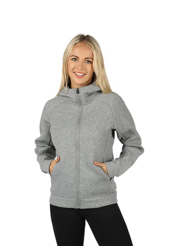 A grey women's junior hoodie with a front zip, hood, and side pockets, featuring a logo.