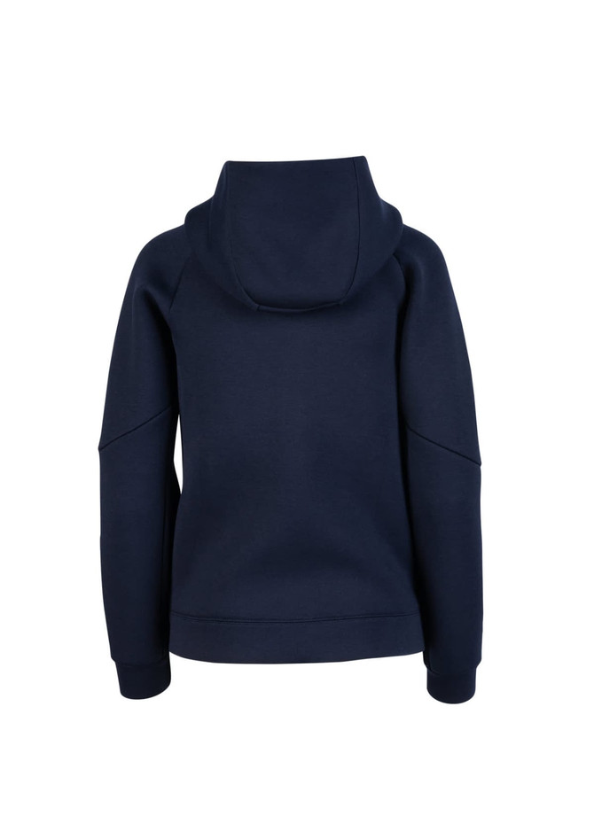 A navy women's/junior hoodie featuring a relaxed fit and a large hood, with a plain back design. It has a logo.