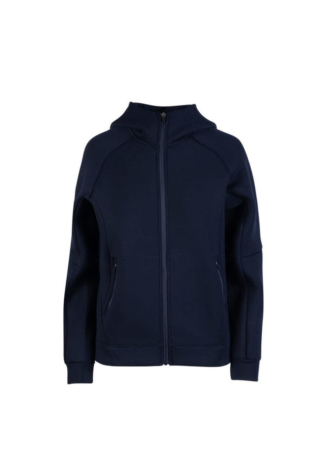 A navy blue women's/junior hoodie featuring a zippered front and two pockets. It has a logo on it.