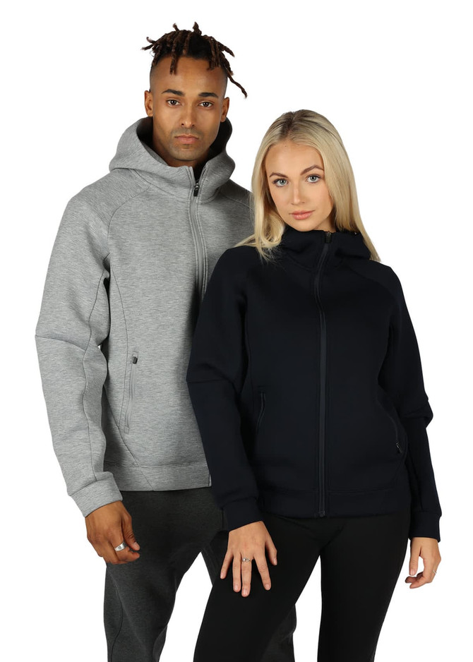 A grey hoodie with a zip front and pockets, paired with a black hoodie, both featuring hoods. Each has a logo.