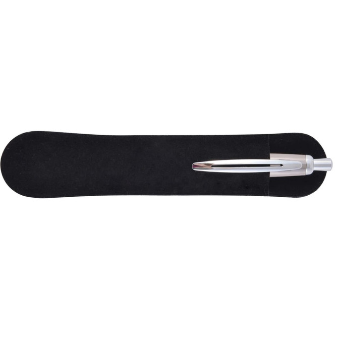 A silver metal pen rests on a black velvet surface, showcasing its sleek design. The image includes a logo.