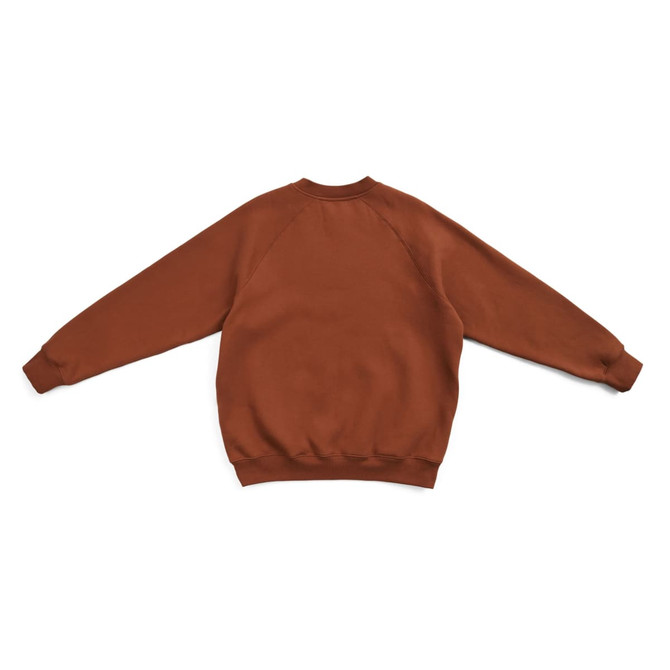 A brown cotton sweatshirt with raglan sleeves and a ribbed hem, featuring a logo on the back.