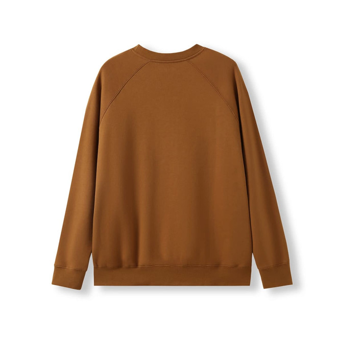 A brown cotton sweatshirt with raglan sleeves and a ribbed hem, featuring a logo on the back.