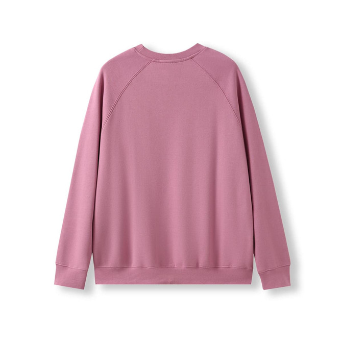 A pink cotton sweatshirt with a raglan sleeve design and a ribbed trim at the hem and cuffs. It features a logo.