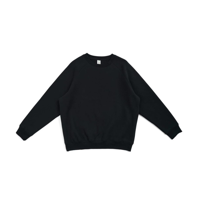 A black cotton sweatshirt with a crew neckline and ribbed cuffs. It features a small logo on the front.