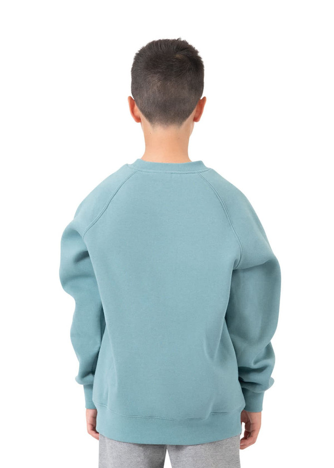 A back view of a kid wearing a blue cotton sweatshirt, featuring a round neck and raglan sleeves.